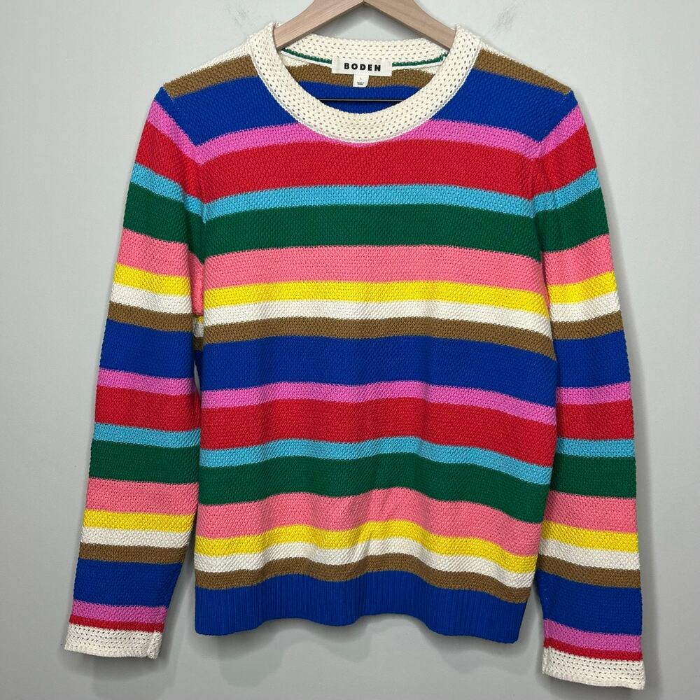 Boden Callie Crochet Trim Sweater Size L Rainbow Pullover Long Sleeves - Picture 2 of 9